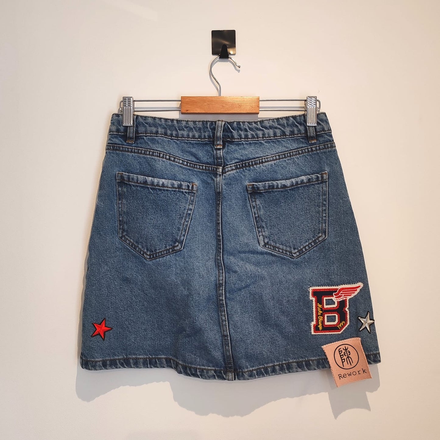New Look Patch Denim Rework Upcycle Mini Skirt