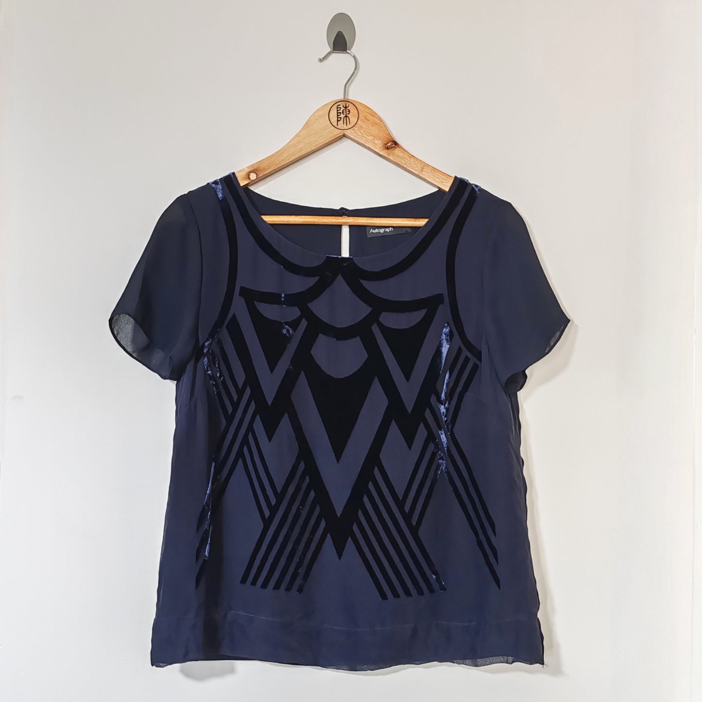 Autograph Navy Blue Silk Mix Velvet Detail Vintage Top