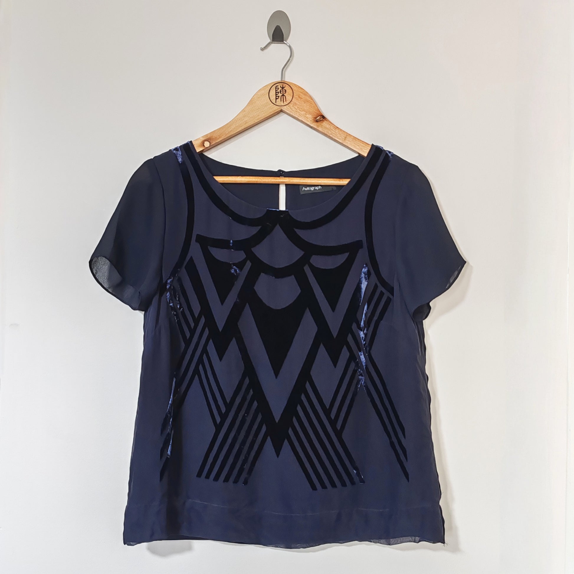 Autograph Navy Blue Silk Mix Velvet Detail Vintage Top
