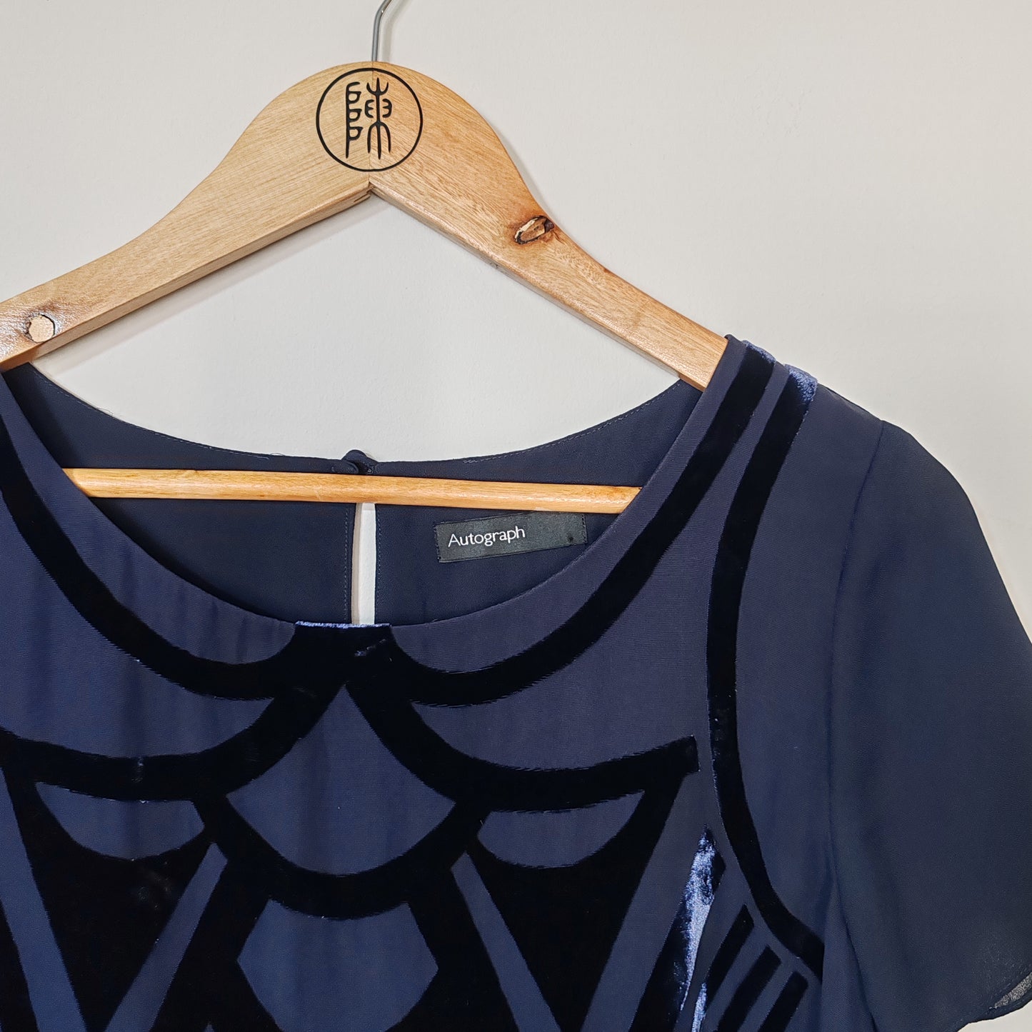 Autograph Navy Blue Silk Mix Velvet Detail Vintage Top