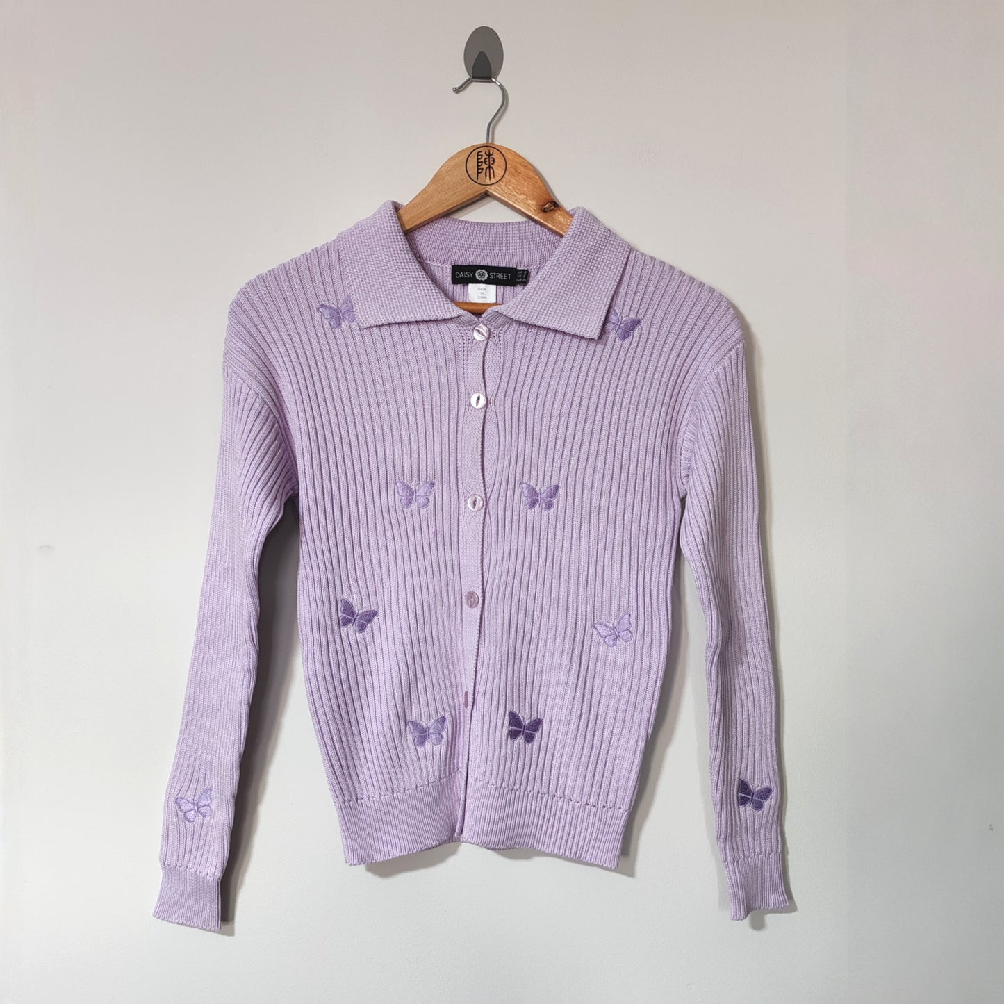 Daisy Street Lilac Butterfly Embroidered Ribbed Knitted Y2K Cardigan