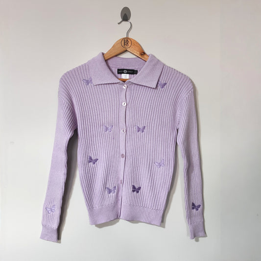 Daisy Street Lilac Butterfly Embroidered Ribbed Knitted Y2K Cardigan