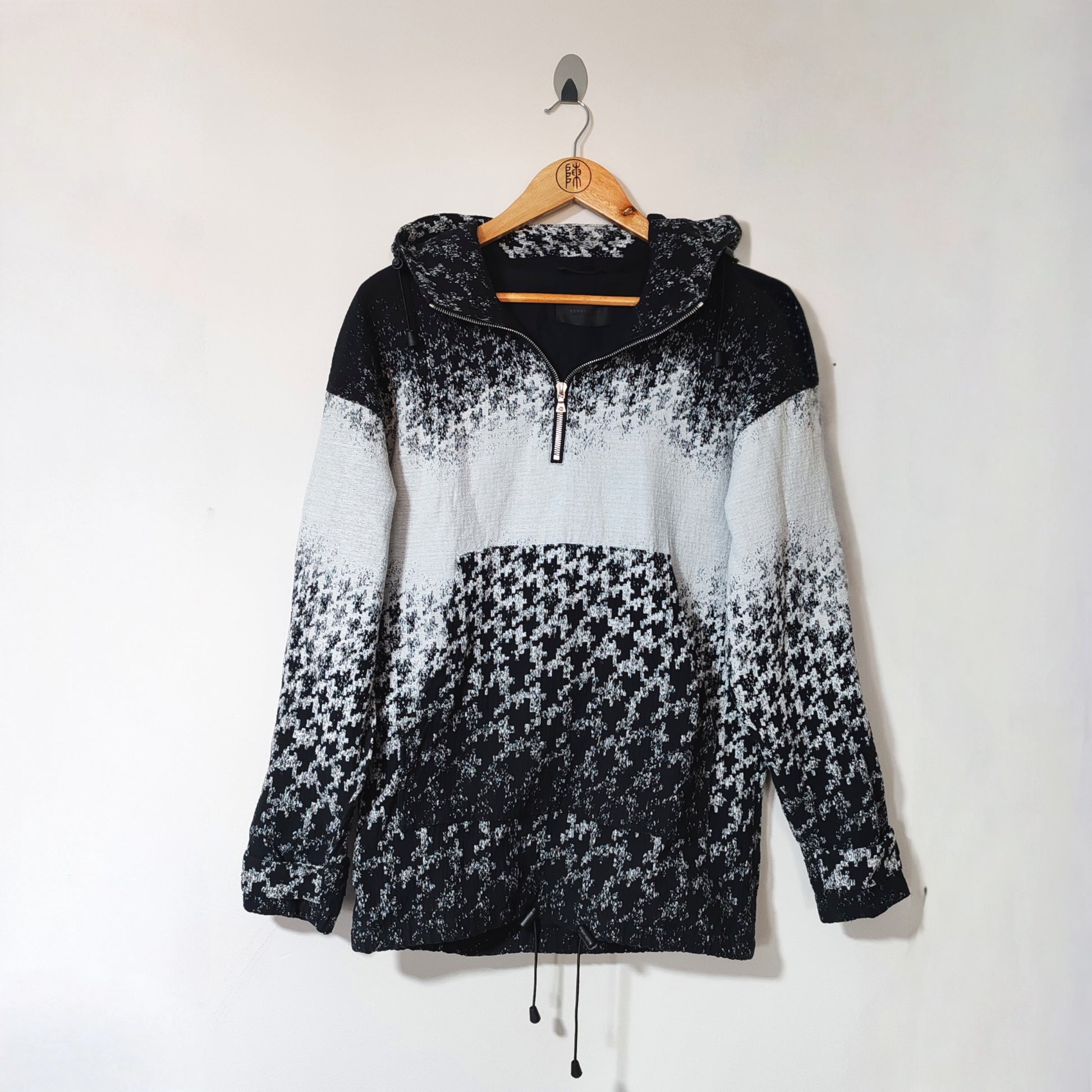 Represent Black And White Monochrome Hooded Patterned Quarter Zip Top