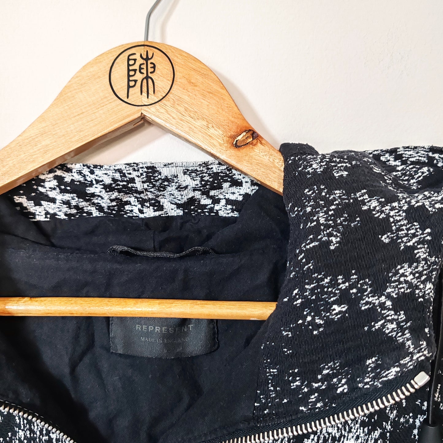 Represent Black And White Monochrome Hooded Patterned Quarter Zip Top