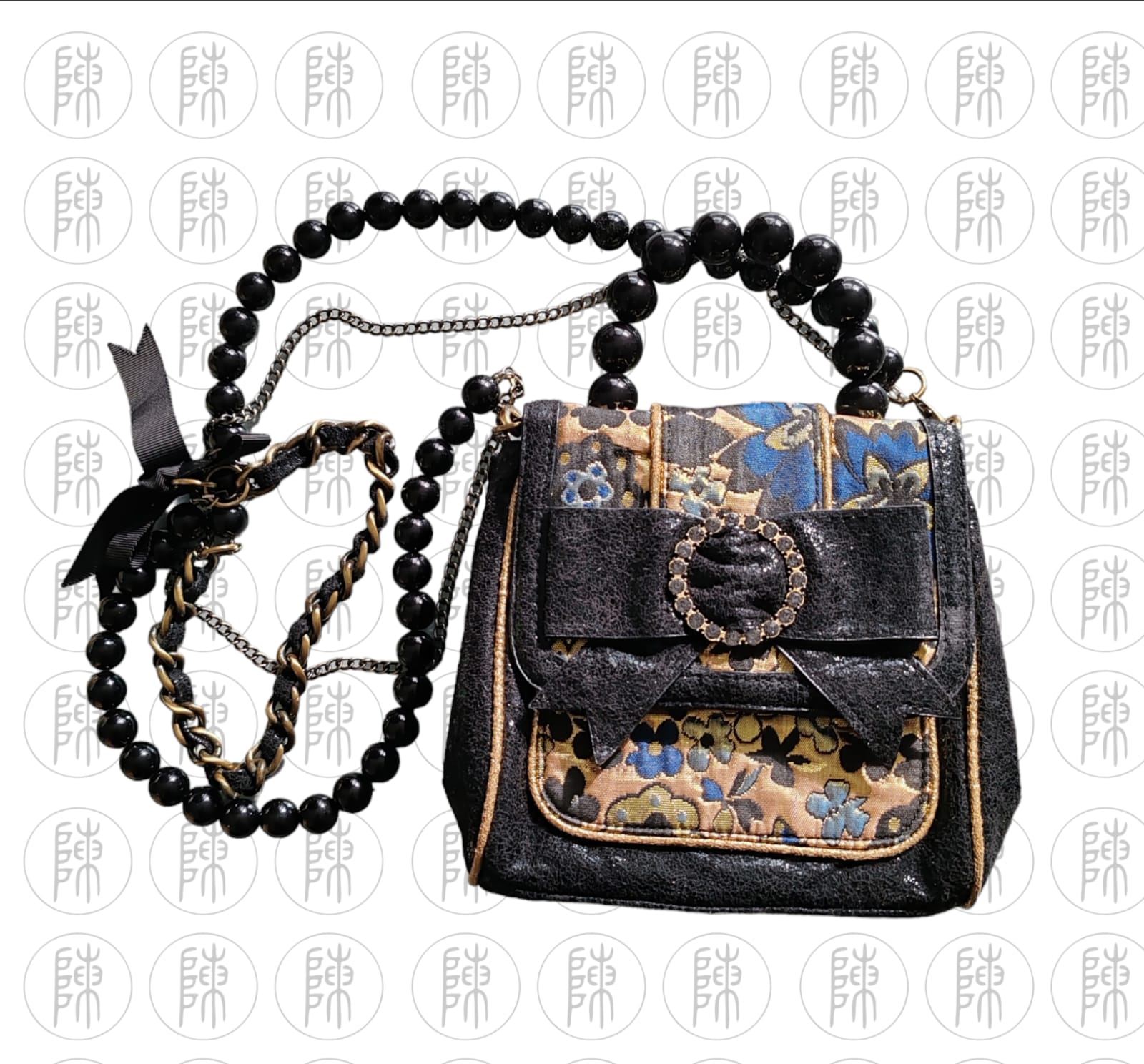 River Island Black Gold Thread Flower Bead Handbag Preloved By