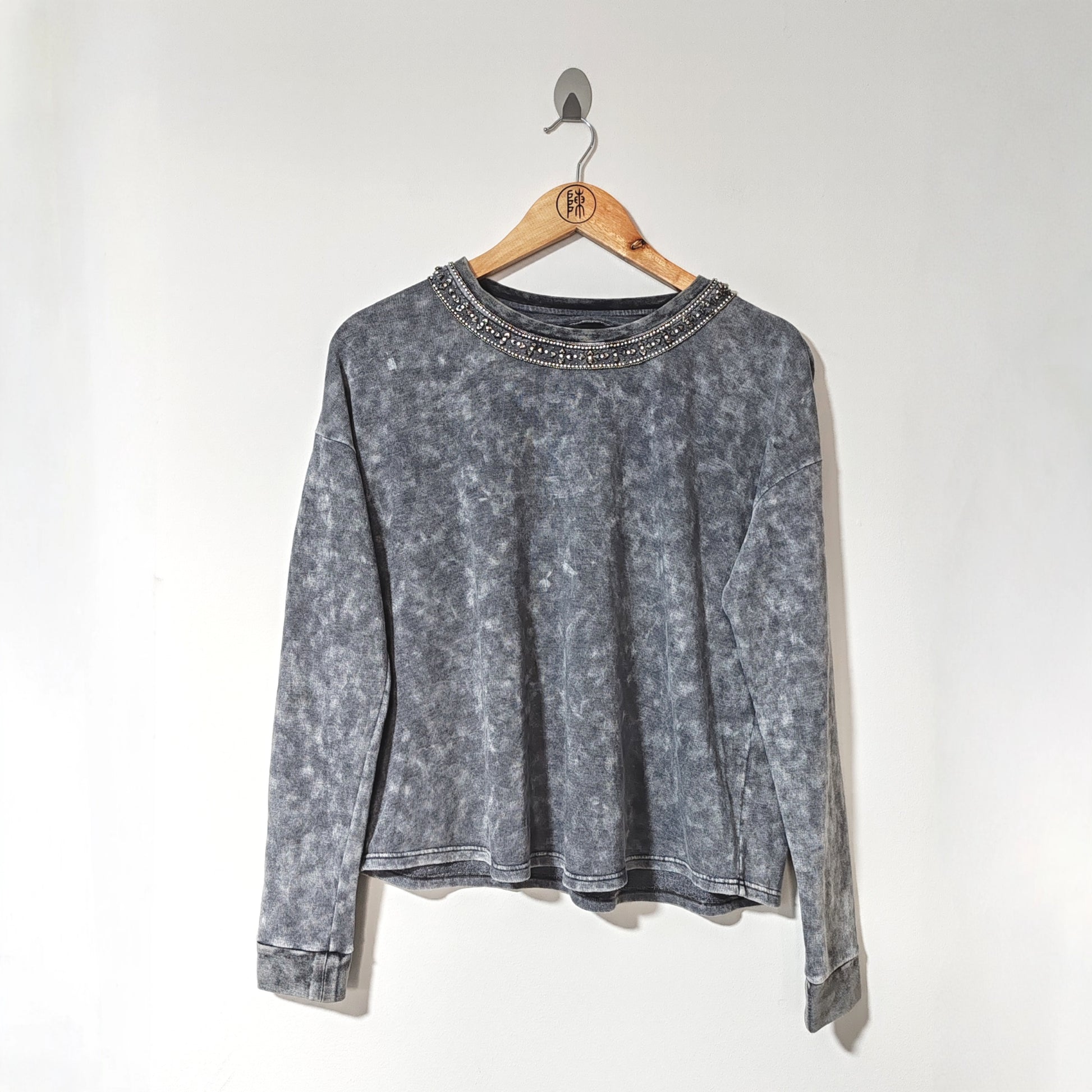 The Kooples Sport Faded Grey Beaded Gem Neck Sweatshirt