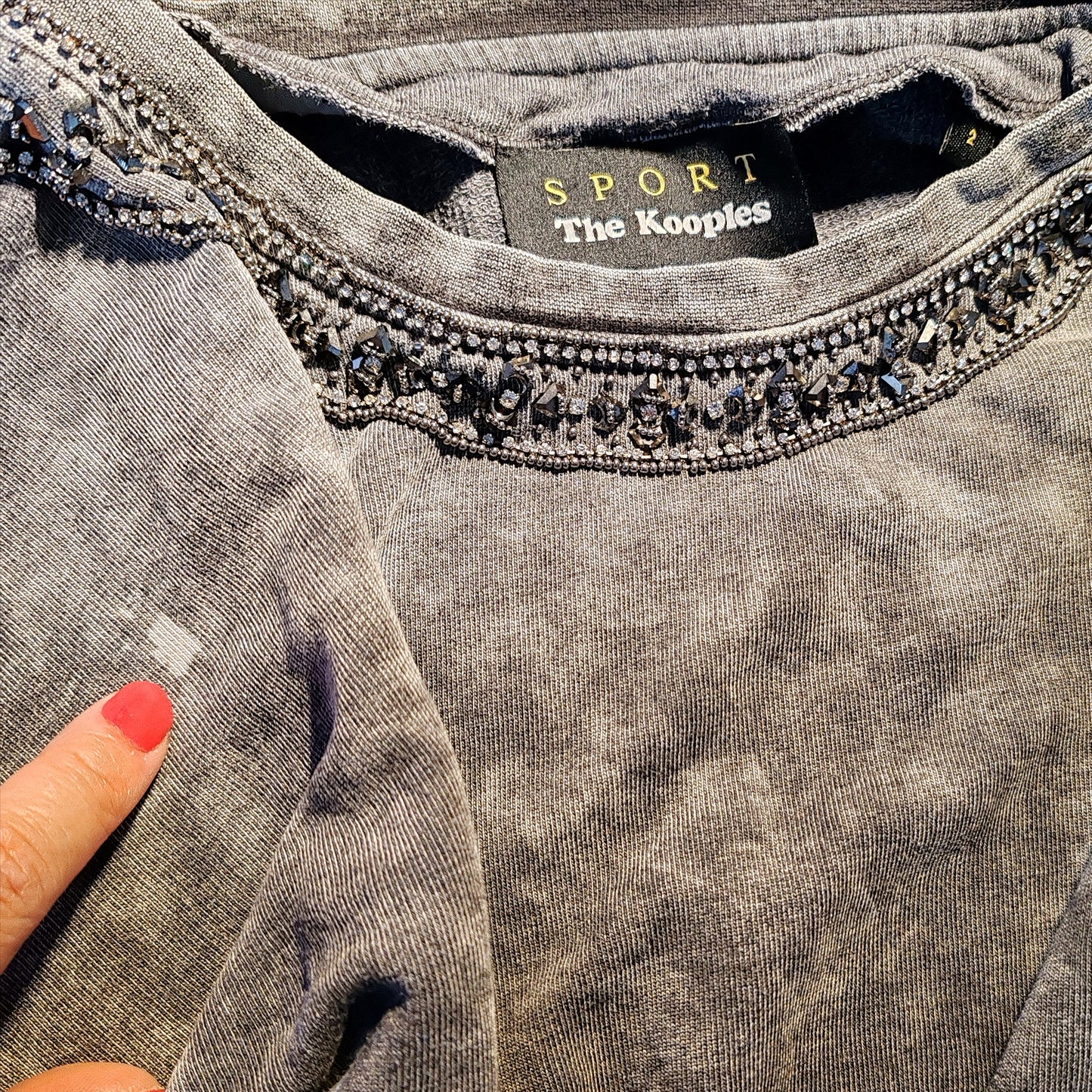 The Kooples Sport Faded Grey Beaded Gem Neck Sweatshirt